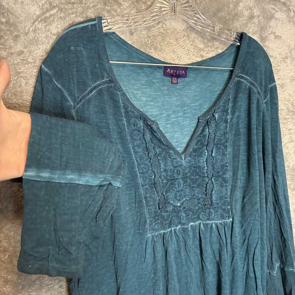Artesia Women Lace Trim Peasant Top 2XL Ornate Embroidered Boho Folk Jewel Toned